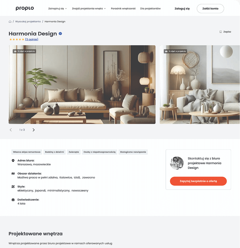 Profil projektanta widoczny w katalogu Proplo